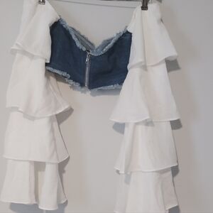 Stylish Denim and White Ruffle Women's Top